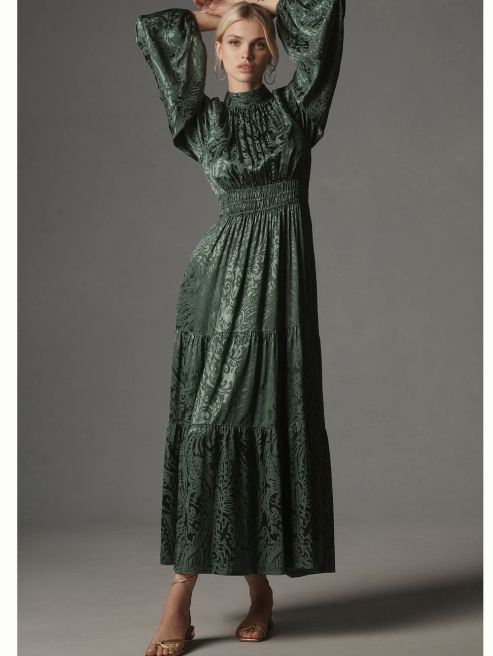 Anthropologie Somerset Dress Silken Long-Sleeve Maxi New Green XS